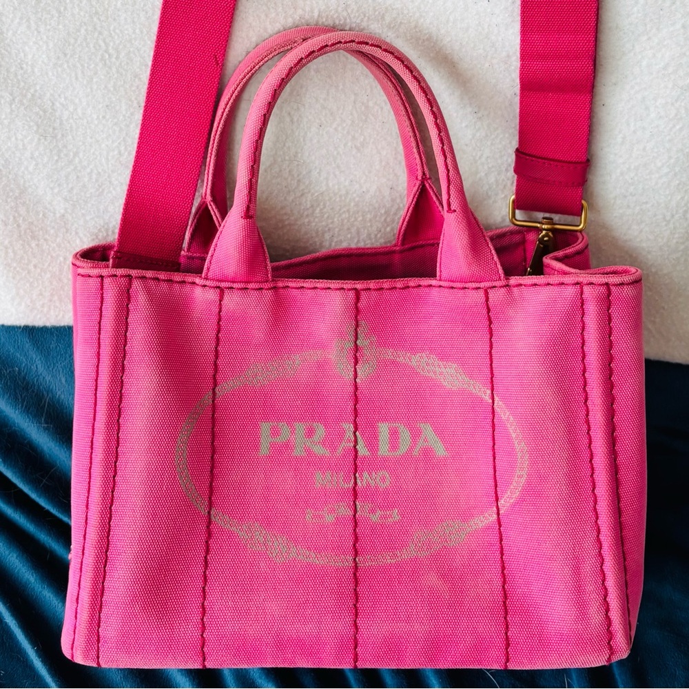 Prada Pink Canvas Tote with Vertical Paneling and strap! Faded like cool jeans!